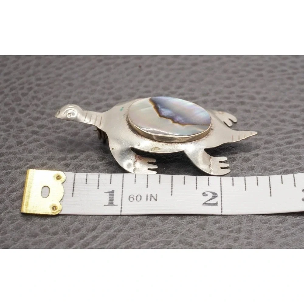 Vintage Turtle Brooch Abalone Shell Inlay Pin Silver Tone Boho